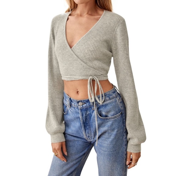 Reformation Remus Cashmere Light Grey Wrap Crop Ribbed Sweater Size Large NWT - Picture 15 of 15